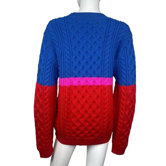 Vtg Kenzo Unisex M Colorblock Blue PinkRed Cable Knit Wool Pullover Sweater VGUC - Picture 2 of 4